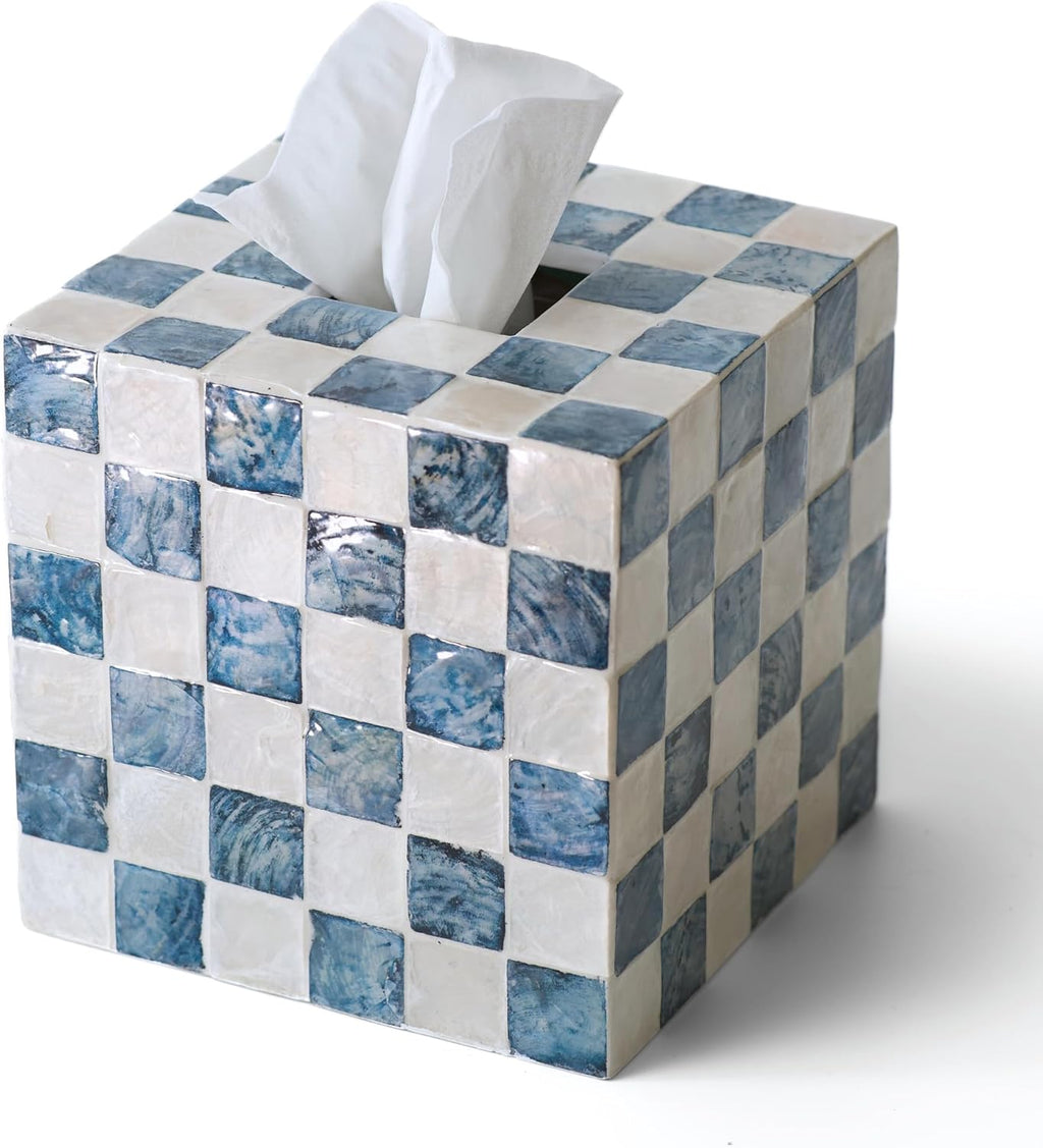 CHI AN HOME 5.7" Square Tissue Box Cover, Handmade Checkered Cube Tissue Box Cover with Capiz Shells, Decorative Mother of Pearl Tissue Holder for Living Room, Bathroom, Bedroom or Office (Navy Blue)