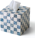 CHI AN HOME 5.7" Square Tissue Box Cover, Handmade Checkered Cube Tissue Box Cover with Capiz Shells, Decorative Mother of Pearl Tissue Holder for Living Room, Bathroom, Bedroom or Office (Navy Blue)