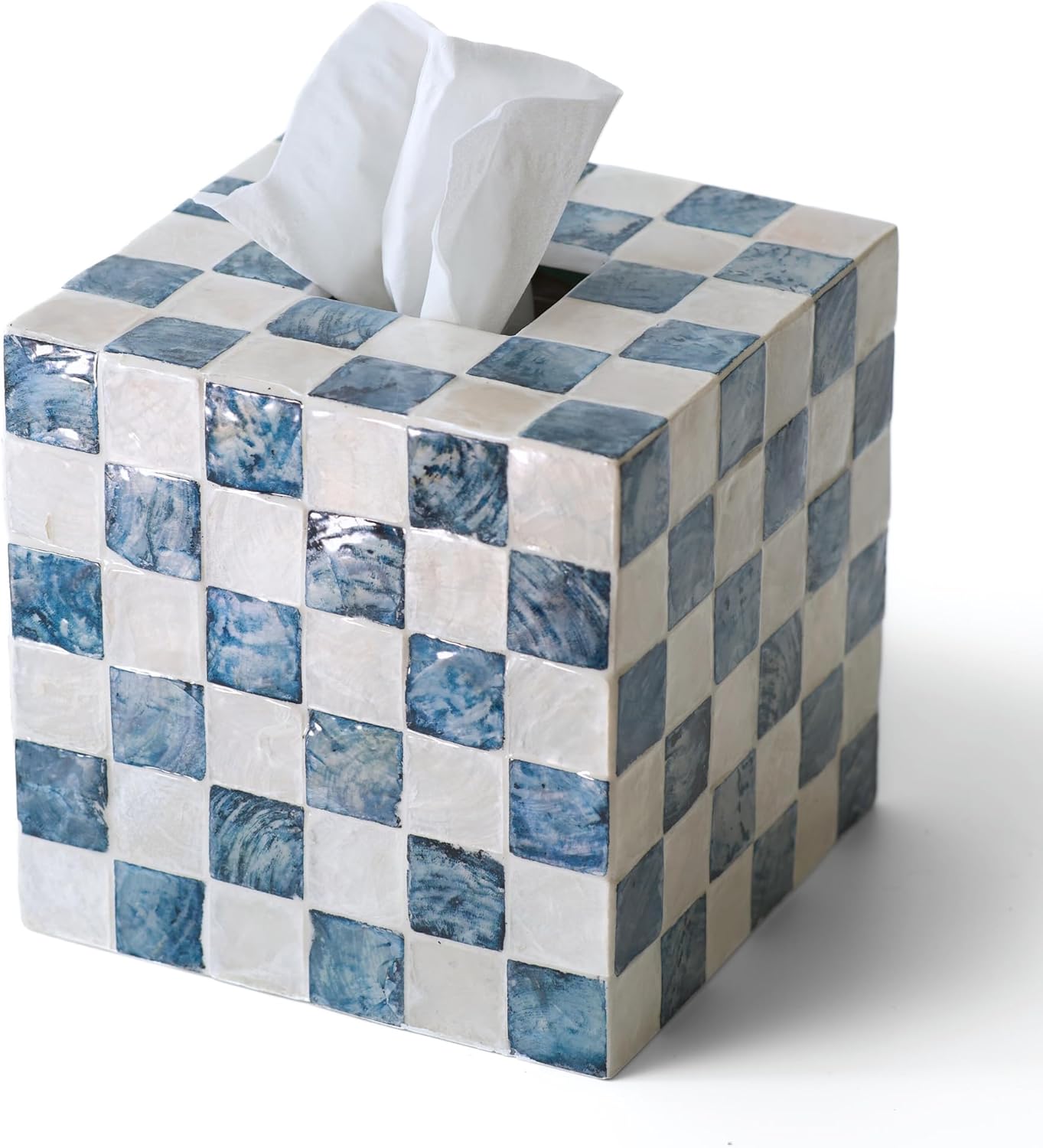CHI AN HOME 5.7" Square Tissue Box Cover, Handmade Checkered Cube Tissue Box Cover with Capiz Shells, Decorative Mother of Pearl Tissue Holder for Living Room, Bathroom, Bedroom or Office (Navy Blue)
