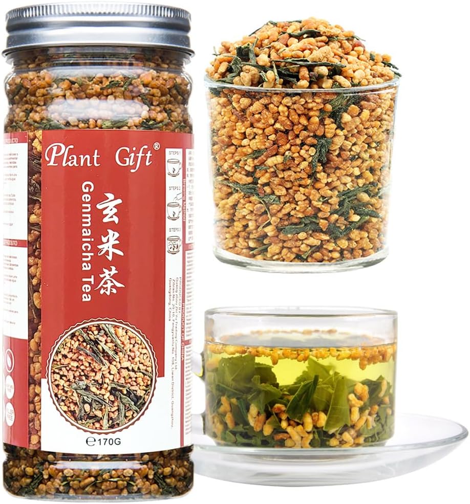 Plant Gift Genmaicha Tea, 玄米茶 Genmai-cha Green Tea with Roasted Rice, Genmaicha - Japanese Loose Leaf Tea - Gen Mai Cha Green Tea, Caffeine Level Low 170G/6oz