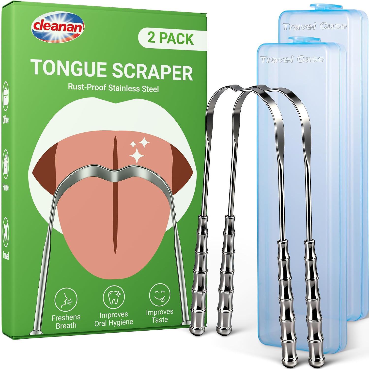 Metal Tongue Scraper for Adults & Tongue Cleaner (2 Pack), Stainless Steel Scrapers with Travel Cases, Reduce Bad Breath & Remove Tongue Coating, Smooth U-Shape Design