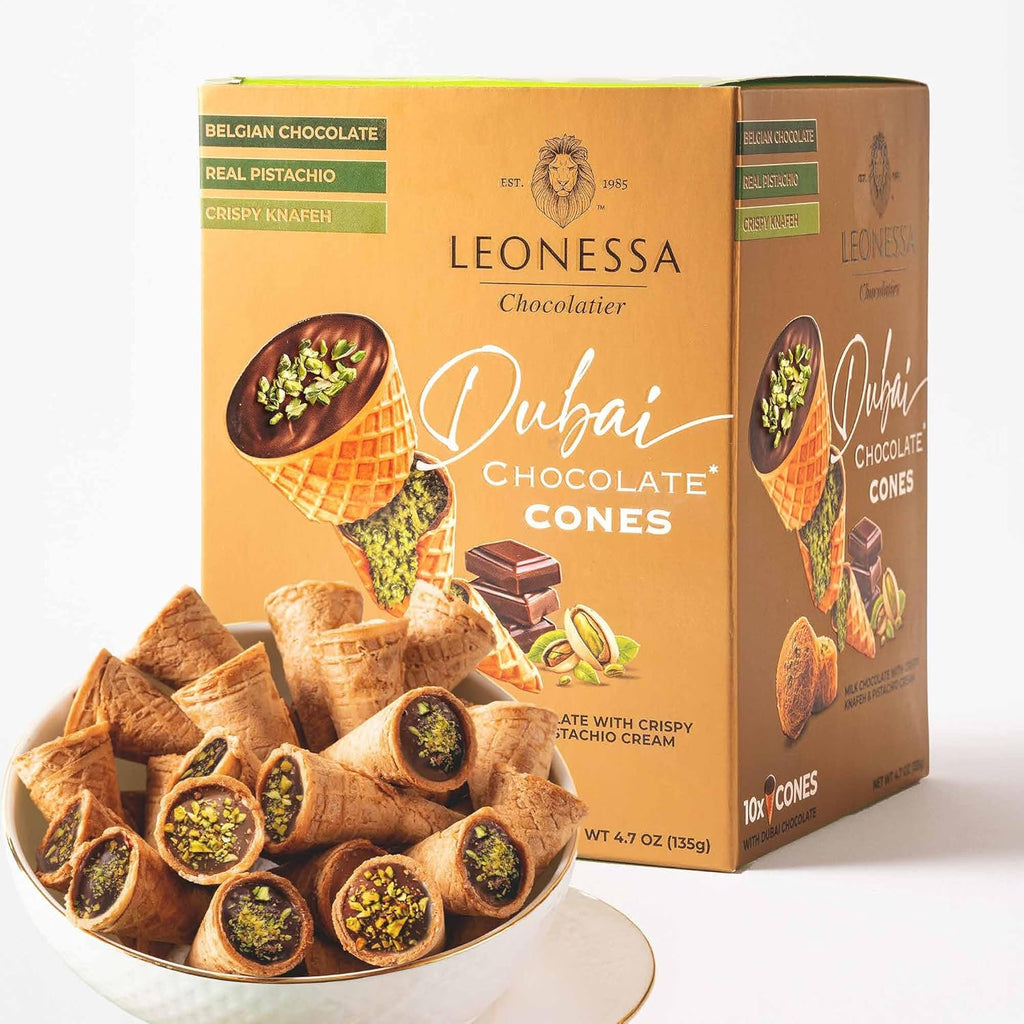 Leonessa Dubai Chocolate Cones with Pistachio Kunafa | Made with Premium Belgian Chocolates | Kunafa Chocolate | Chocolates de Dubai - 4.7 oz