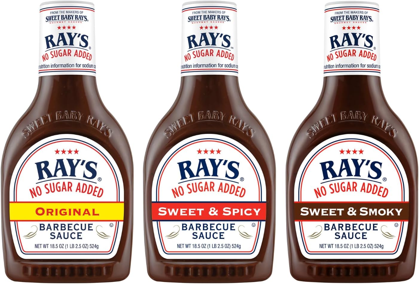 Sweet Baby Ray’s Gourmet Barbecue Sauce Bundle 1 No Sugar Added Sweet & Smoky, 1 No Sugar Added Original, 1 No Sugar Added Sweet & Spicy. 3 CT (Variety Pack)