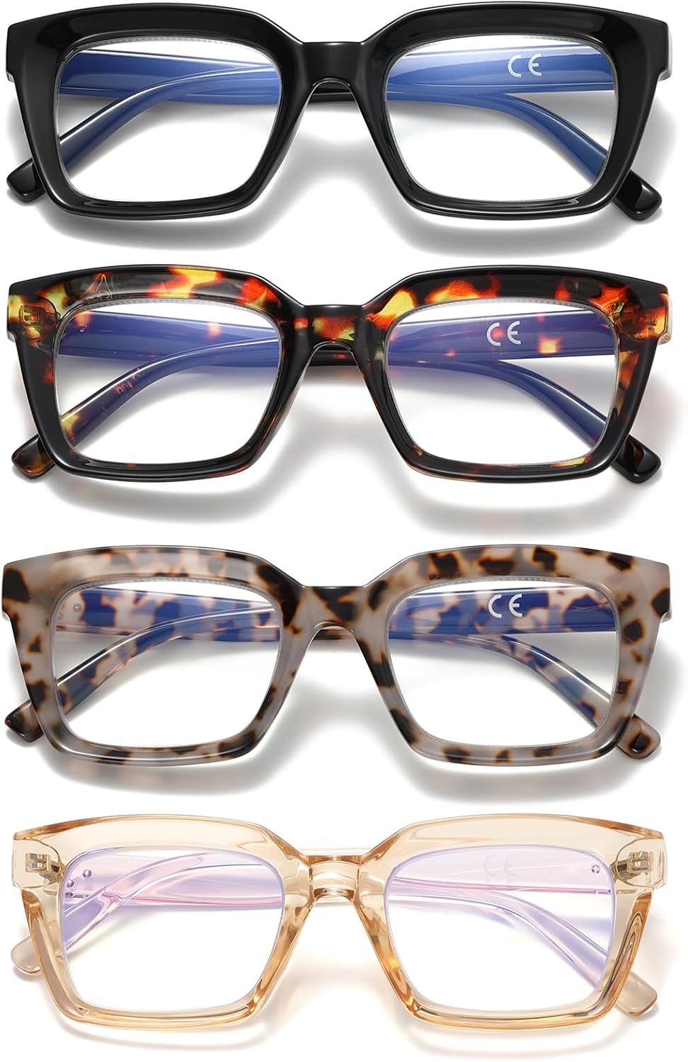 Oversized Reading Glasses for Women, 4 Pack Oprah Style Square Blue Light Blocking Computer Readers for Women