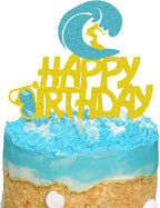 Glitter Double Sided Happy Birthday Surfboard Cake Topper for Hello Summer Themed Beach Surfing Theme Hawaii Party Birthday Cake Decorations