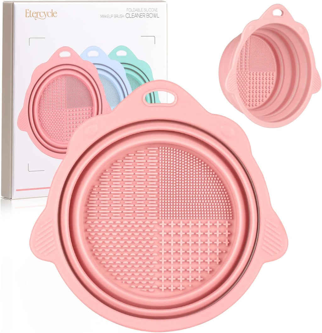 Foldable Silicone Makeup Brush Cleaner Bowl - Etercycle Portable Cleaning Tool for Brushes, Powder Puffs, and Sponges (Pink)
