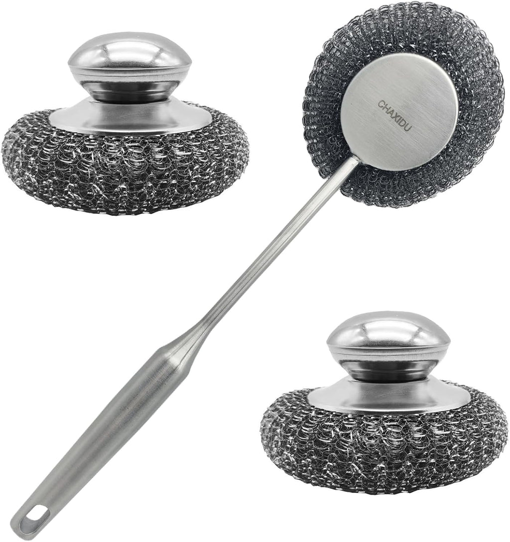 Stainless Steel Wool Scrubber Set, Long Handle & Handle Brushes,Metal Brush for Pots, Pans, Grills & Cutlery Cleaning (3 Pack)