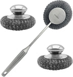Stainless Steel Wool Scrubber Set, Long Handle & Handle Brushes,Metal Brush for Pots, Pans, Grills & Cutlery Cleaning (3 Pack)