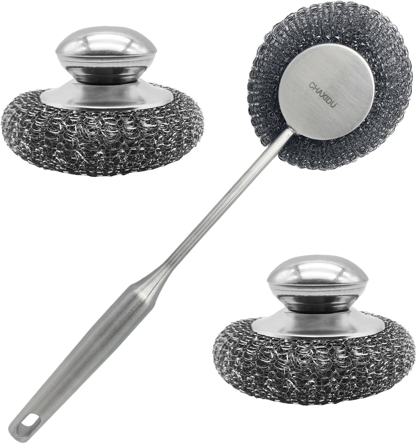 Stainless Steel Wool Scrubber Set, Long Handle & Handle Brushes,Metal Brush for Pots, Pans, Grills & Cutlery Cleaning (3 Pack)
