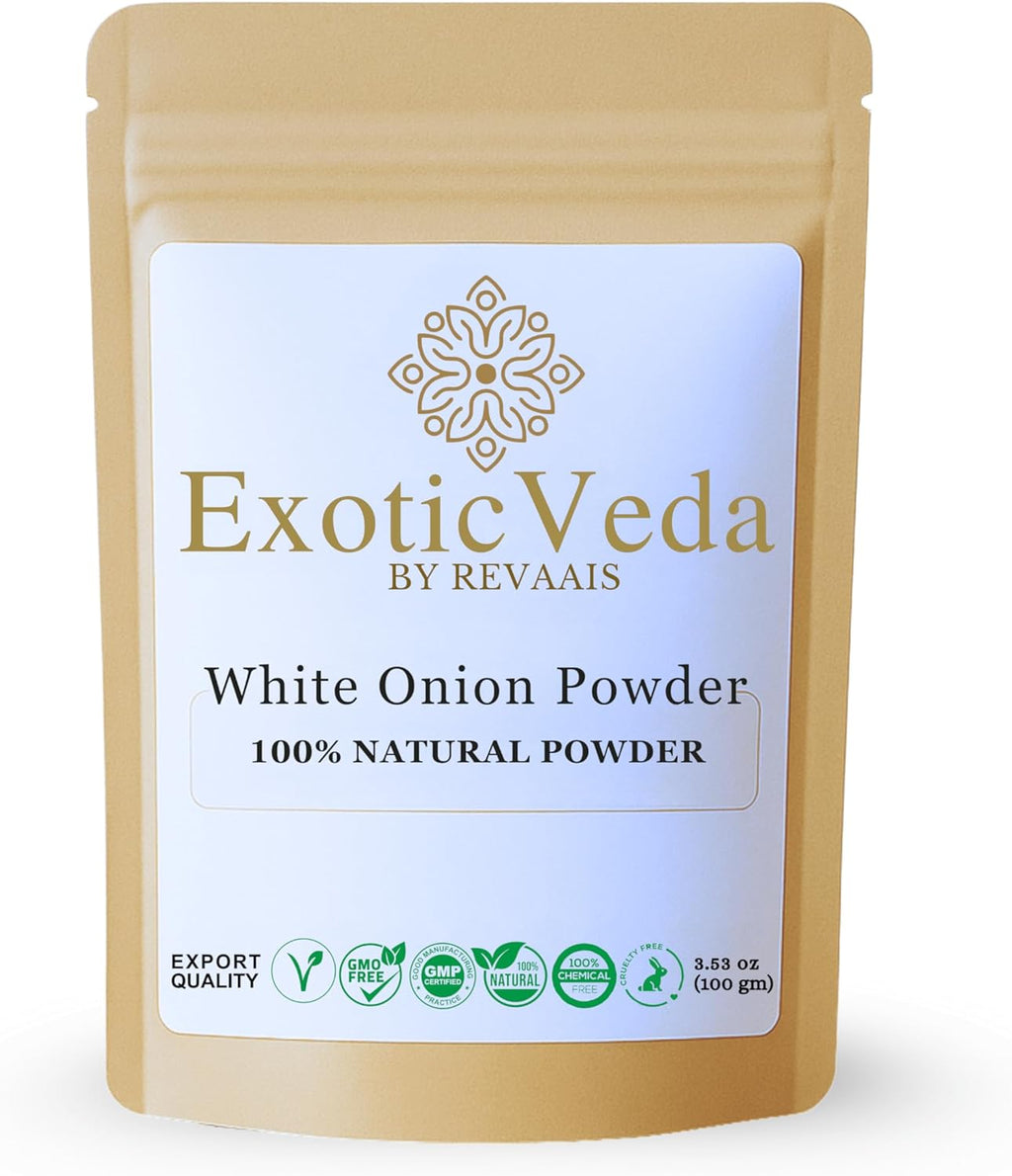 Exotic Veda White Onion Powder 100g (3.53oz) | Pure & Natural | Non-GMO, Vegan, Gluten-Free | No Preservatives | Dehydrated Onion Powder for Cooking, Seasoning, Soups, Sauces, Curries, Dips & Spice Blends