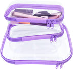 3 Pcs Clear Hard Zipper Case, Hard Shell Plastic Clear Organizer Bag, Transparent Makeup Pouches, Portable Box for Travel Toiletries Storage Bins (Purple)