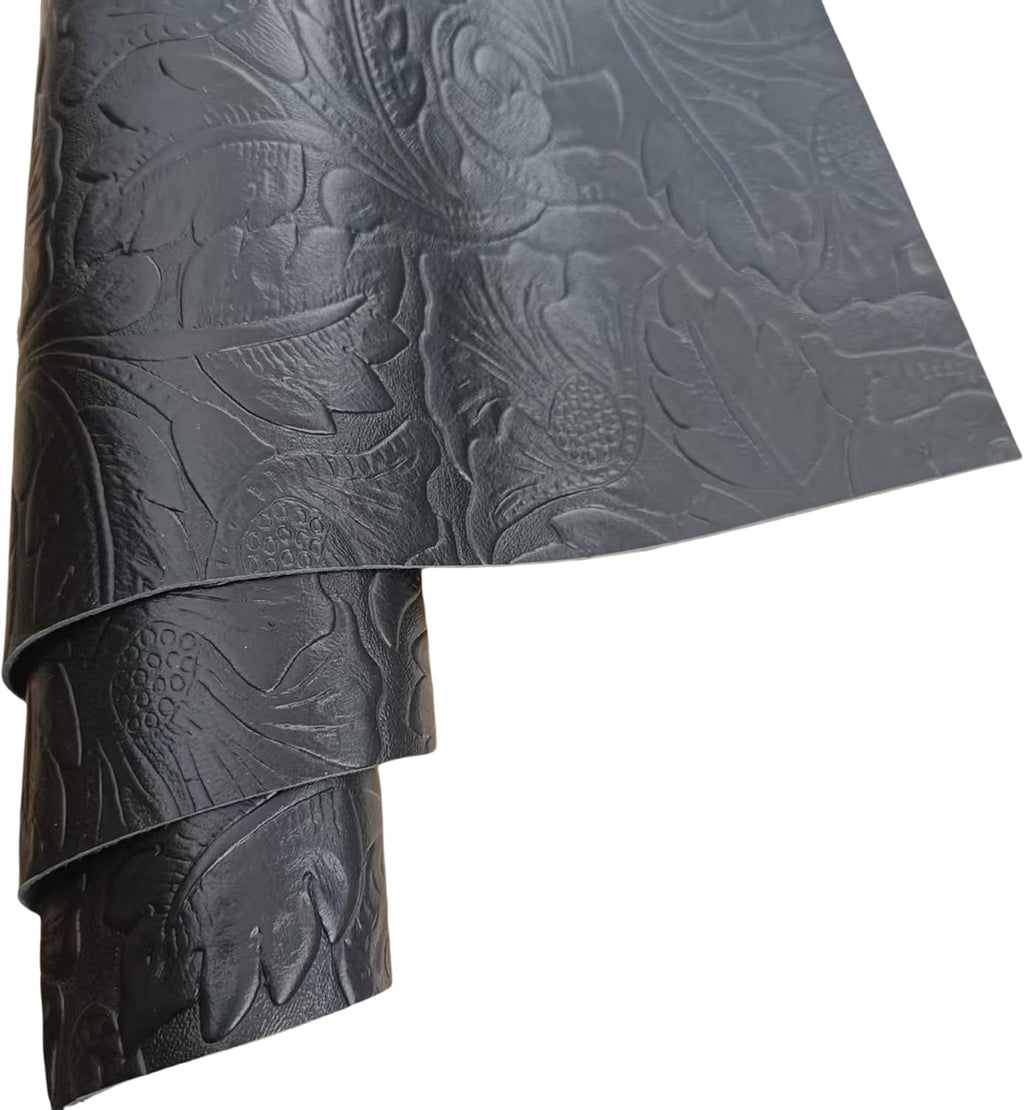 Embossed Leather Pieces with Floral Pattern, Decorative Textured Material, Multiple Sizes to Choose from (Black 8×12 inches)