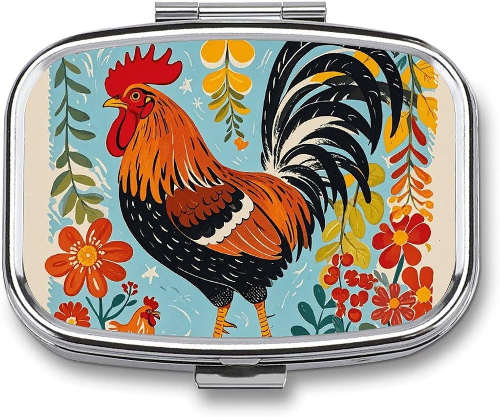 Metal Pill Box with Mirror - 2 Compartment Travel Pill Case for Purse Portable Pillbox Compact Vitamin Container Rooster and Chicken Print Medicine Organizer for Fish Oil & Supplement