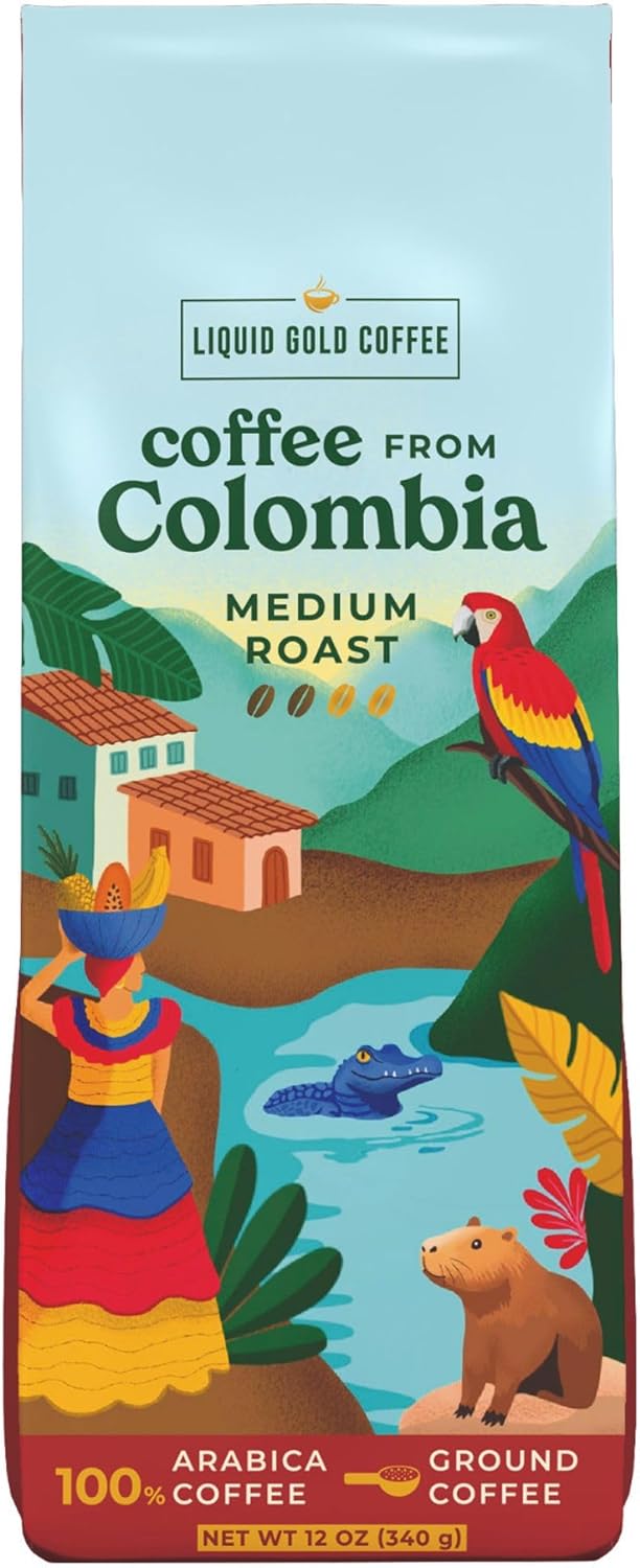 Fresh Coffee from Colombia, Ground Medium Roast, 1 Bag 12 oz, 100% Arabica, by Liquid Gold, Single Origin Speciality Excelso Ixtapa, Small Batch Roasted, Made in in USA