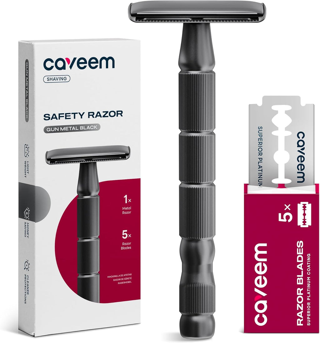 Double-Edge Safety Razor, Single-Blade Razors with 5 Stainless Steel Razor Blades for Men and Women, Reusable Metal Razor – Gun Metal Black