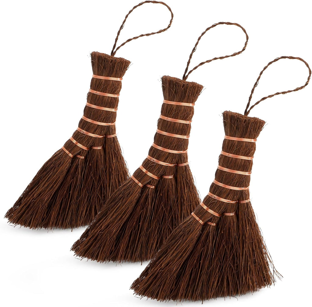 Fasmov 3 Pack Bonsai Broom Brush, Natural Straw Broom with Embroidery Nylon Thread Handle with Hanger, Whisk Broom Hand Brush Car Broom for Cleaning Dustpan Desktop