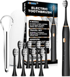 FXQQZZ Electric Toothbrush for Adults and Kids, with Tongue Scraper and Travel Case, 8 Brush Head, Smart Timer & 4 Modes Rechargeable Toothbrush, 42000 VPM Deep Clean, One Charge Last 90 Days - Black