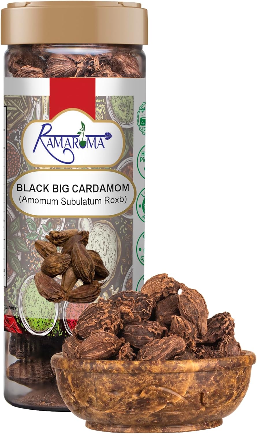 Ramaroma Black Cardamom Pods (Kali Elachi) Whole Indian Spice 3oz (85g) All Natural | Vegan | Gluten Friendly | NON-GMO | Smokey | Tsaoko | Cao Guo | Bach Dan Khau | बड़ी इलायची