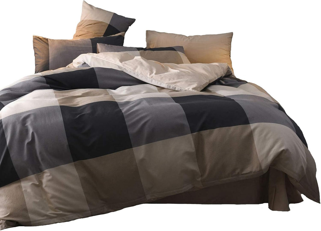 CottonLife Plaid Duvet Cover Twin, 100% Cotton Check Geometric Bedding 3pc Set, Retro Grey Hotel Quality Gingham Print Nordic Style, Reversible Solid Color with Zipper Closure, Ties (NO Comforter)