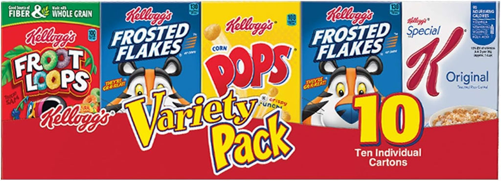 Kellogg's Cold Breakfast Cereal, Single Serve, Variety Pack, 10.94oz Tray (10 Boxes)