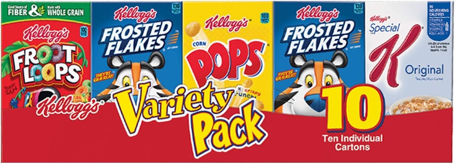 Kellogg's Cold Breakfast Cereal, Single Serve, Variety Pack, 10.94oz Tray (10 Boxes)