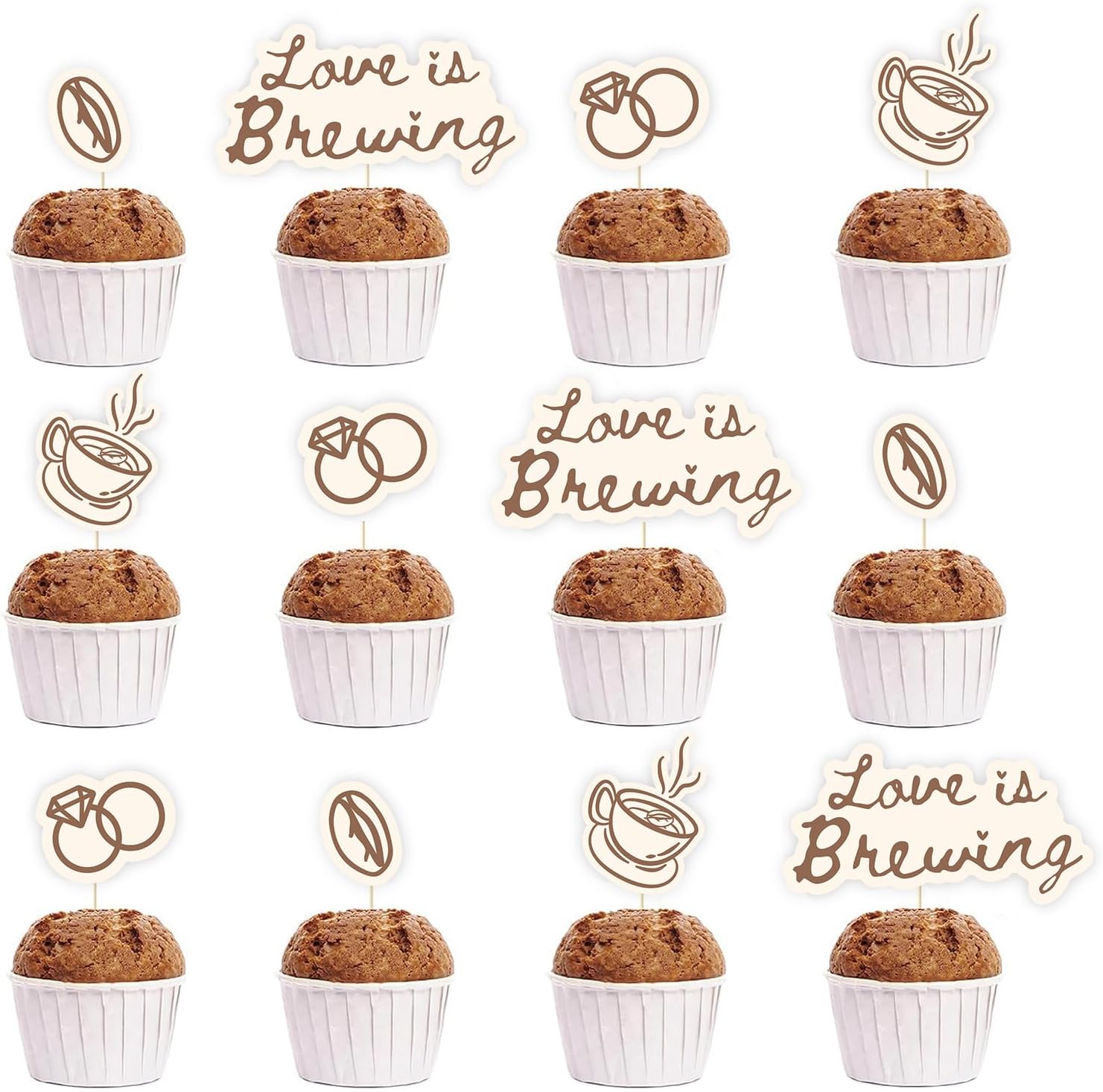 FYSUIMU Love is Brewing Cupcake Toppers Brown Coffee Cake Decorations Bridal Shower Cupcake Picks for Birthday Bachelorette Party Supplies, 24 Pcs