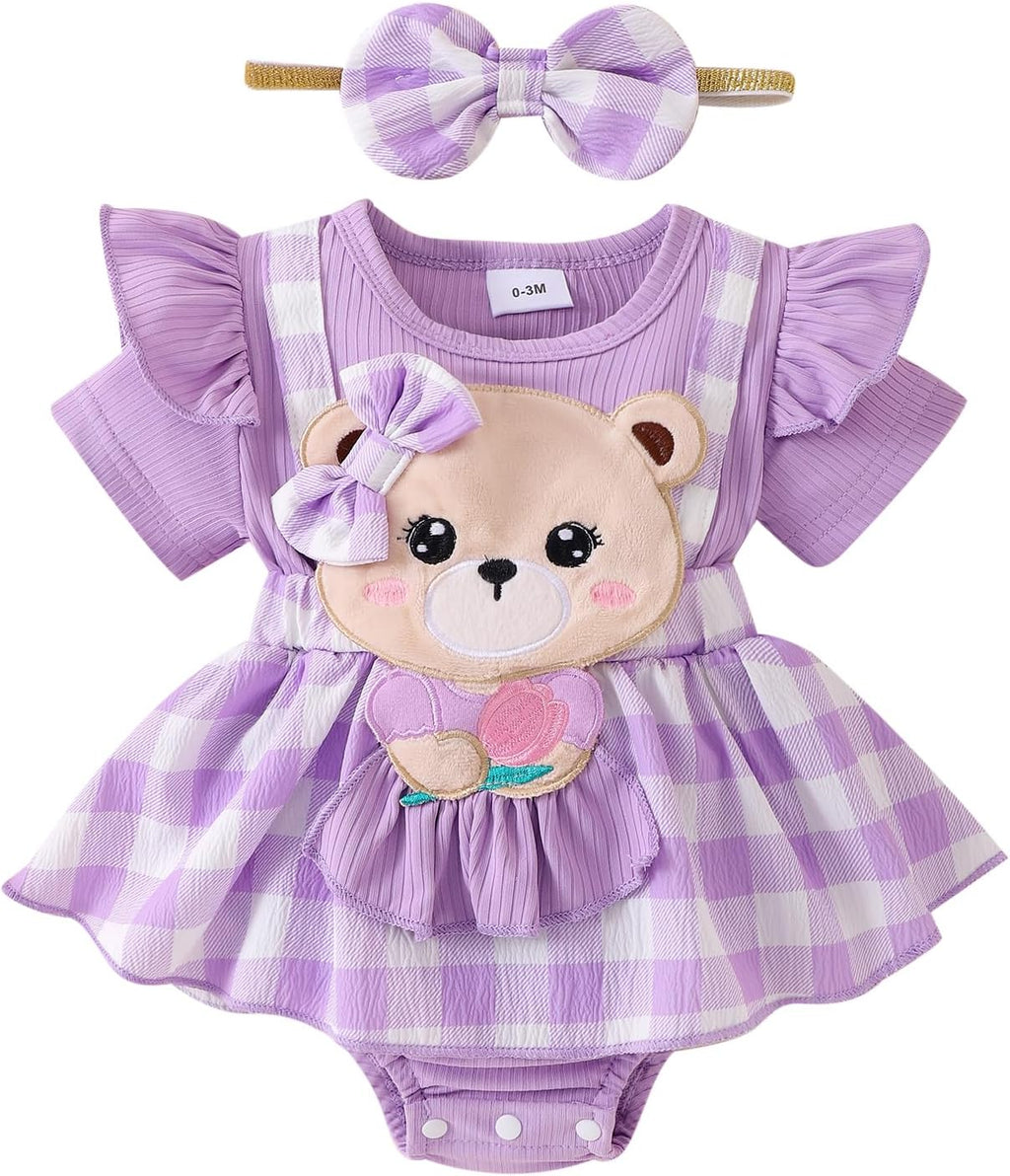 Kavousa Baby Girl Summer Outfits Bee Short Sleeve One-Piece Jumpsuit With Headband Set Newborn Infant Girl Clothes