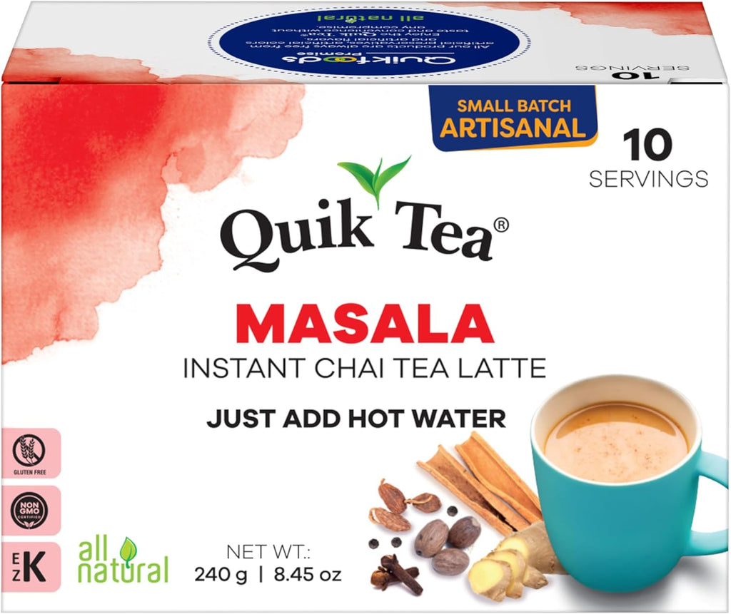 QuikTea Instant Masala Chai Tea Latte – 10 Count, Classic Latte with a Hearty Mix of Traditional Chai Spices, Low Caffeine, No Artificial Colors, Flavors or Preservatives – Just Add Hot Water, Non-GMO