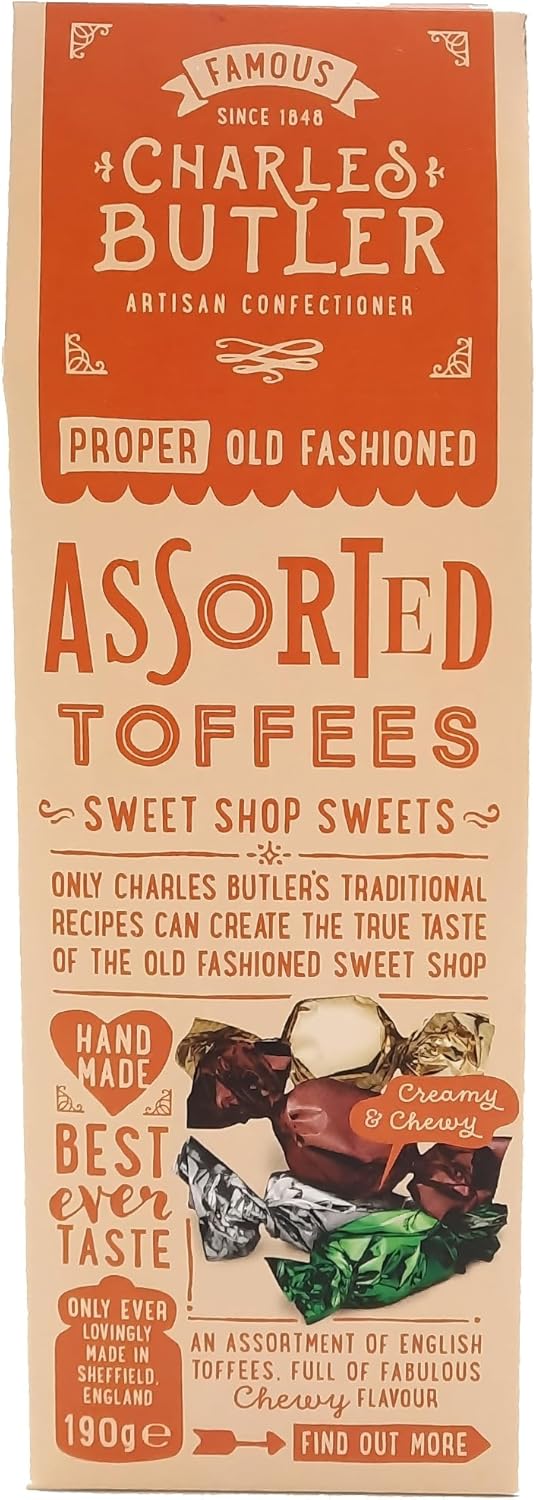 Charles Butler Assorted Toffees 190g (6.7oz) | Assortment of Handmade Old Fashioned English Toffee Candy Individually Wrapped | Creamy & Chewy Caramels Gift Box | British Sweets from England