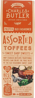 Charles Butler Assorted Toffees 190g (6.7oz) | Assortment of Handmade Old Fashioned English Toffee Candy Individually Wrapped | Creamy & Chewy Caramels Gift Box | British Sweets from England