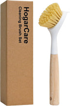 Dish Brush with Handle Wood Built-in Scraper, Scrub Brush for Pans, Pots, Saucepan, Kitchen Brushes for Sink and Stove, Yellow
