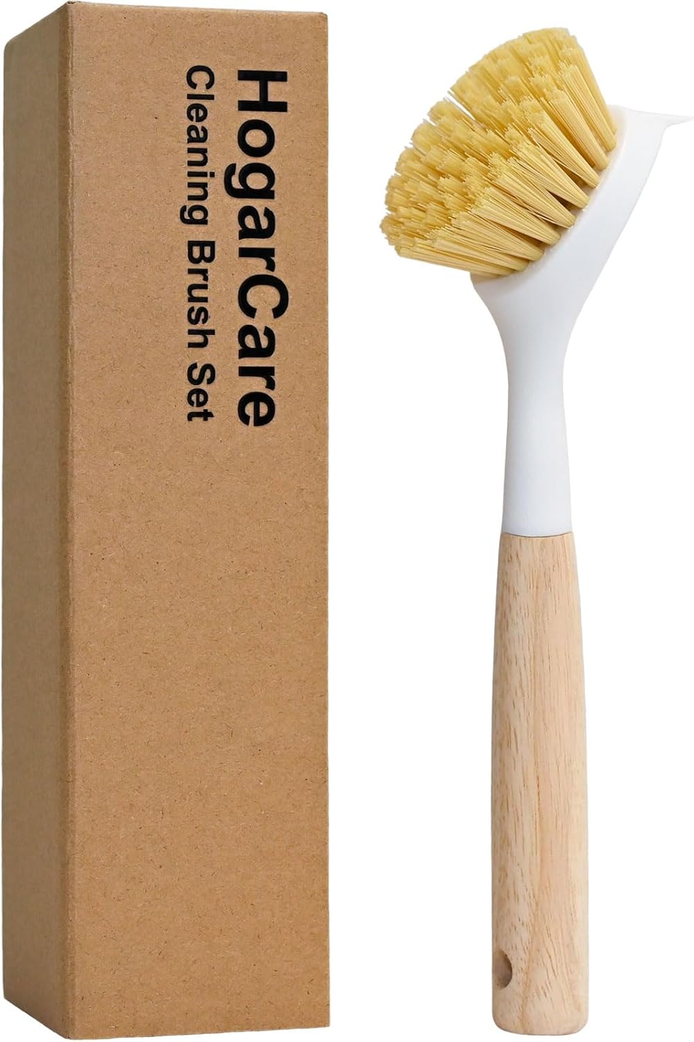 Dish Brush with Handle Wood Built-in Scraper, Scrub Brush for Pans, Pots, Saucepan, Kitchen Brushes for Sink and Stove, Yellow