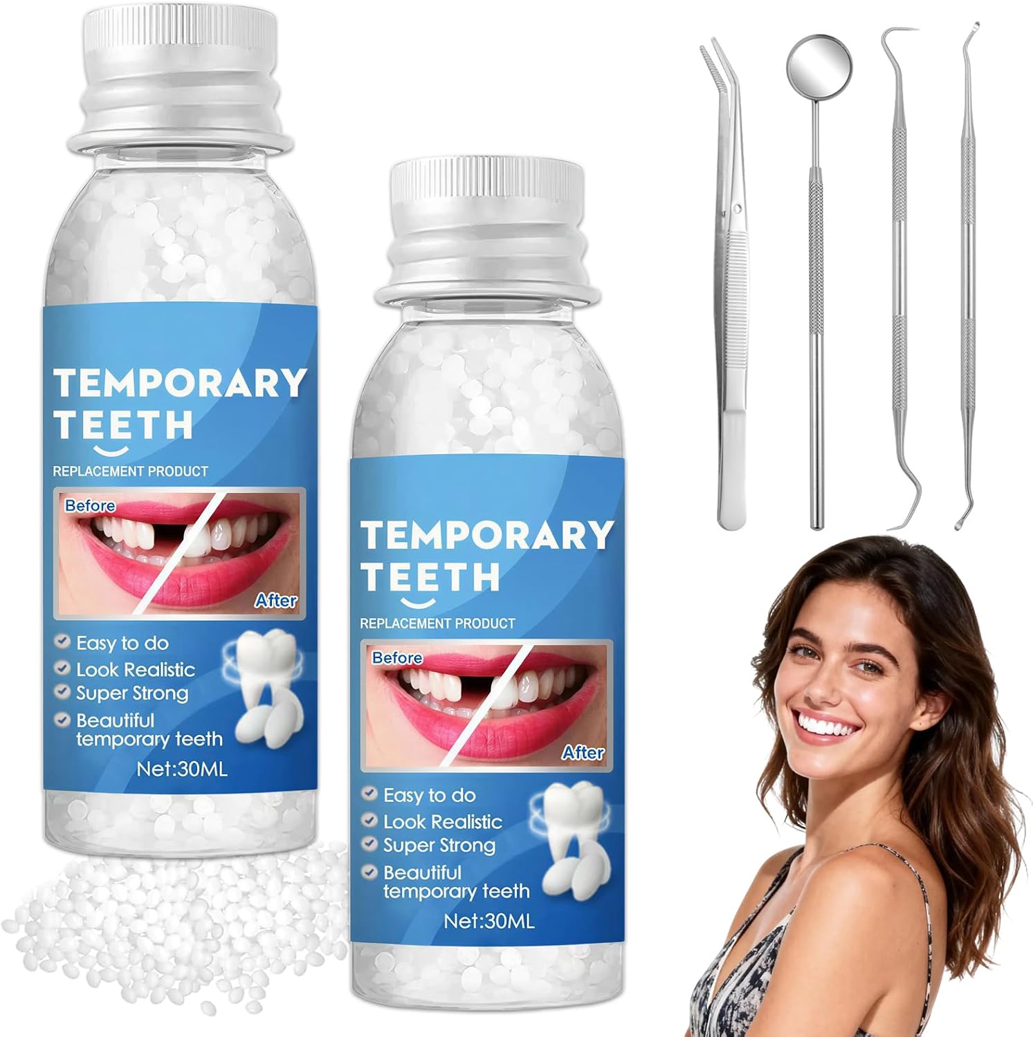 2 BottlesTooth Repair Kit,Moldable False Teeth Beads with A Set of Oral Care Tools,Dental Care Kit Fixing Broken Teeth,Temporary Tooth Filling for Teeth Repair,Help for Confident Smiles