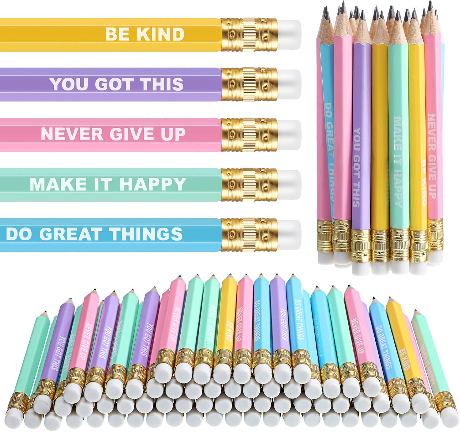 Jetec 100 Pcs Mini Pencils Bulk Inspirational Golf Wooden Half Pencils with Eraser and Motivational Sayings Back to School Gifts for Kids Student Teacher First Day of School(Candy Color)