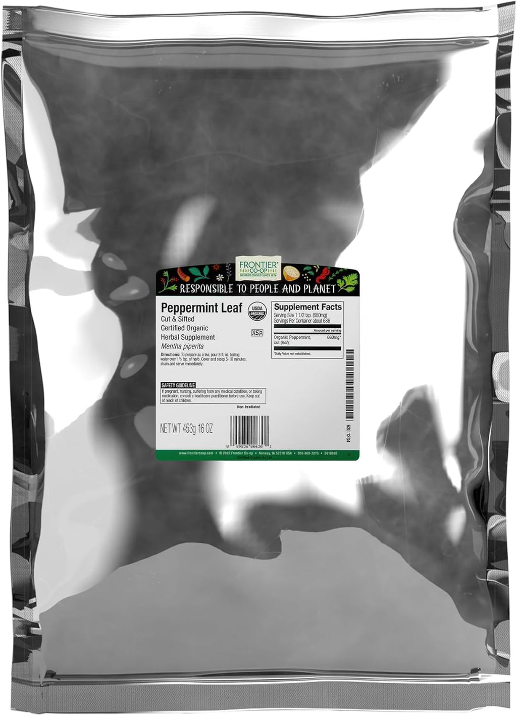 Frontier Co-op Organic Peppermint Leaf, Cut and Sifted - Sustainably Grown - Kosher | 16 Ounce (Pack of 1)