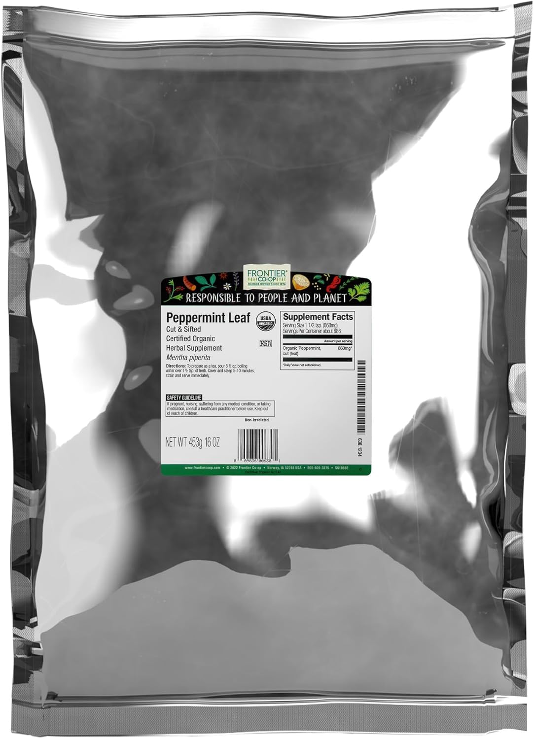 Frontier Co-op Organic Peppermint Leaf, Cut and Sifted - Sustainably Grown - Kosher | 16 Ounce (Pack of 1)