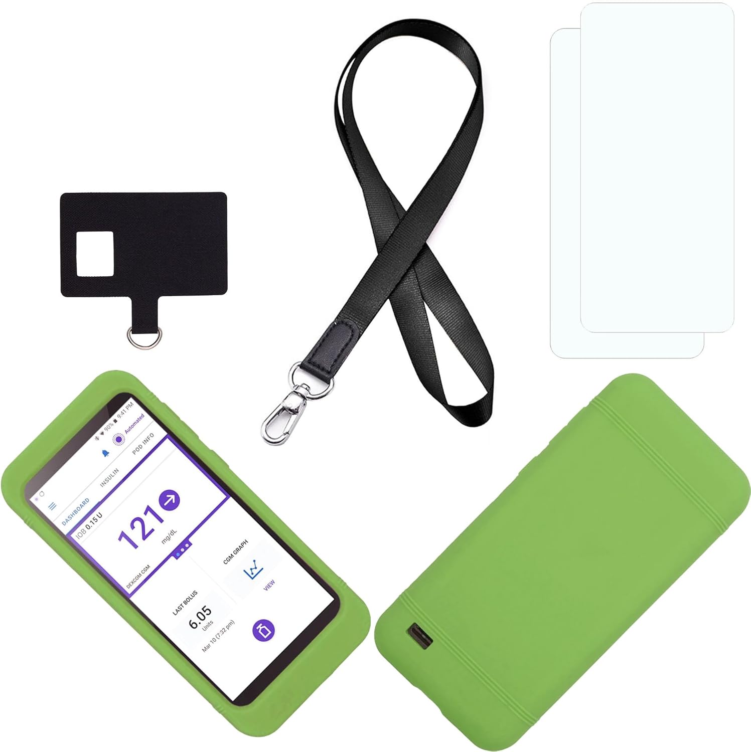 SNK Premium Silicone Case (Includes Lanyard + Lanyard Patch + Screen Protector) for Omnipod 5 Receiver (Continuous Glucose Monitoring) (Green)