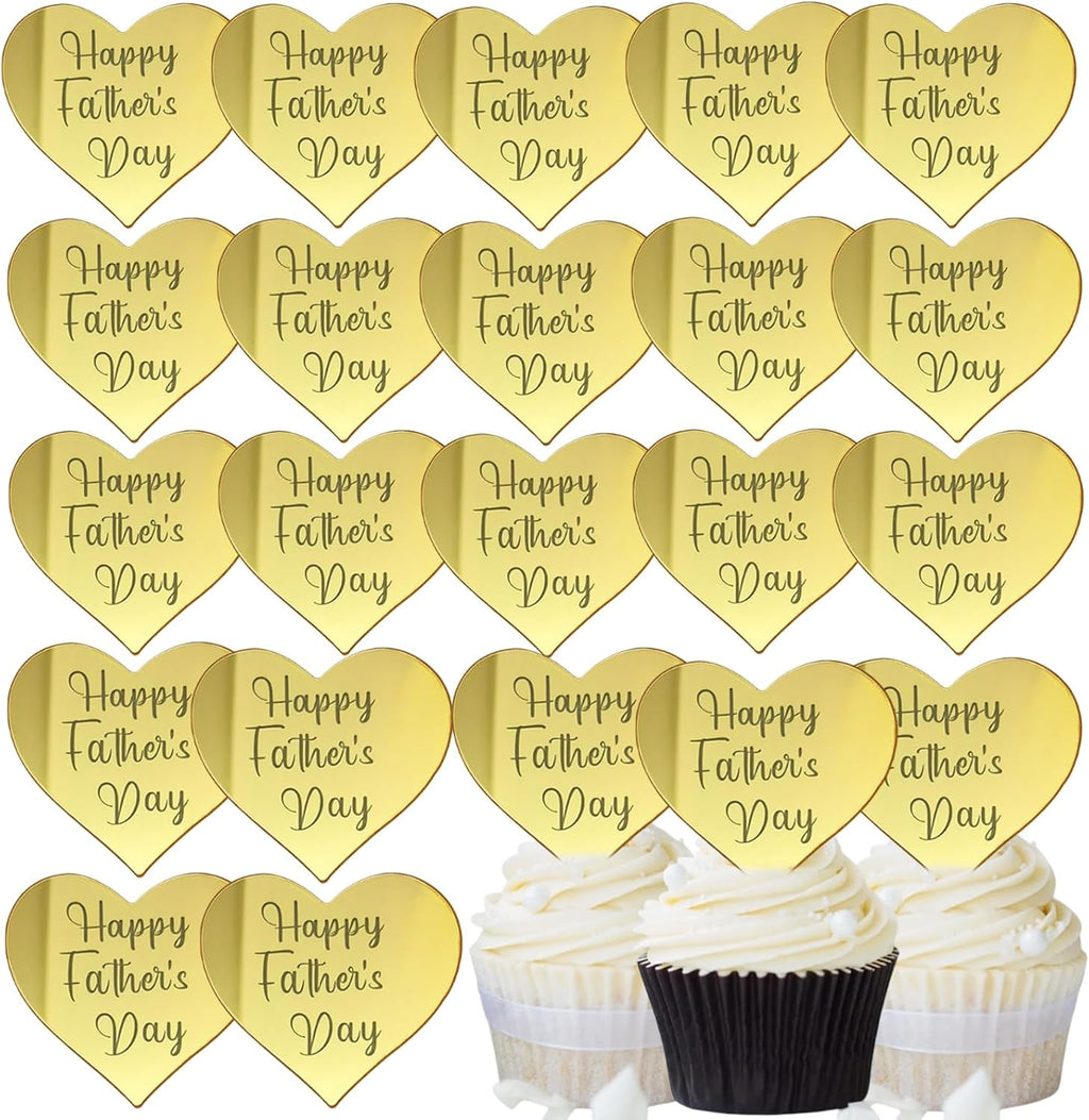 24 Pcs Happy Father's Day Cupcake Topper Acrylic Cake Disc Mirror Heart Cake Topper Engraved Happy Father's Day Cake Topper Heart Picks Cupcake Decorations for Dads Birthday Day (24, Gold)