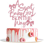 A Sweet Baby Girl is on The Way Cake Topper, Bow Baby Shower Cake Topper, Welcome Baby Girl, Bow Themed Girls Baby Shower Party Decorations, Pink Glitter