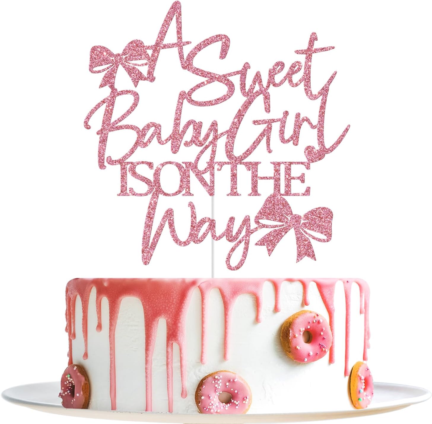 A Sweet Baby Girl is on The Way Cake Topper, Bow Baby Shower Cake Topper, Welcome Baby Girl, Bow Themed Girls Baby Shower Party Decorations, Pink Glitter