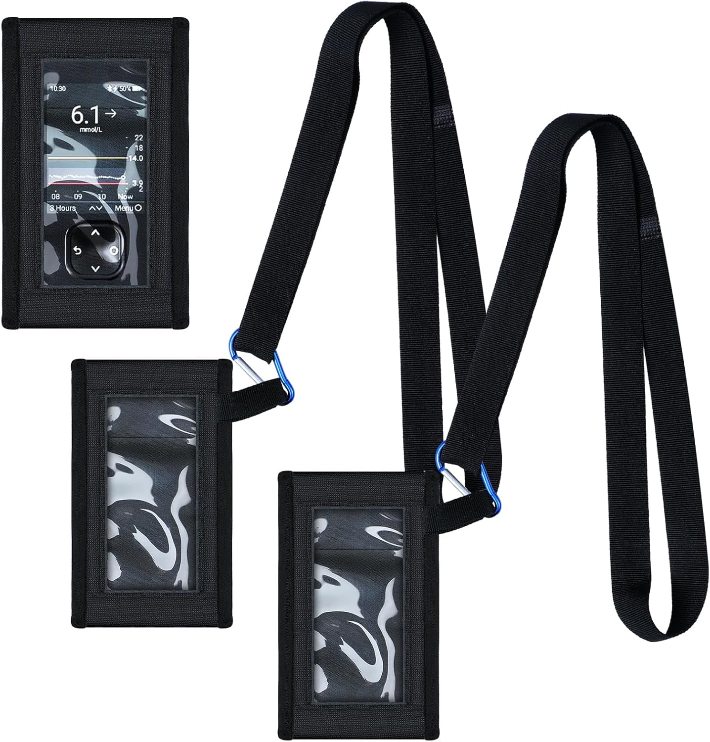Kosiz 2 Pack Blood Glucose Meter Case with Lanyard Compatible with Dexcom G7 Glucose Monitor Pouch with Viewing Window for Diabetic Accessories Supplies (Black)