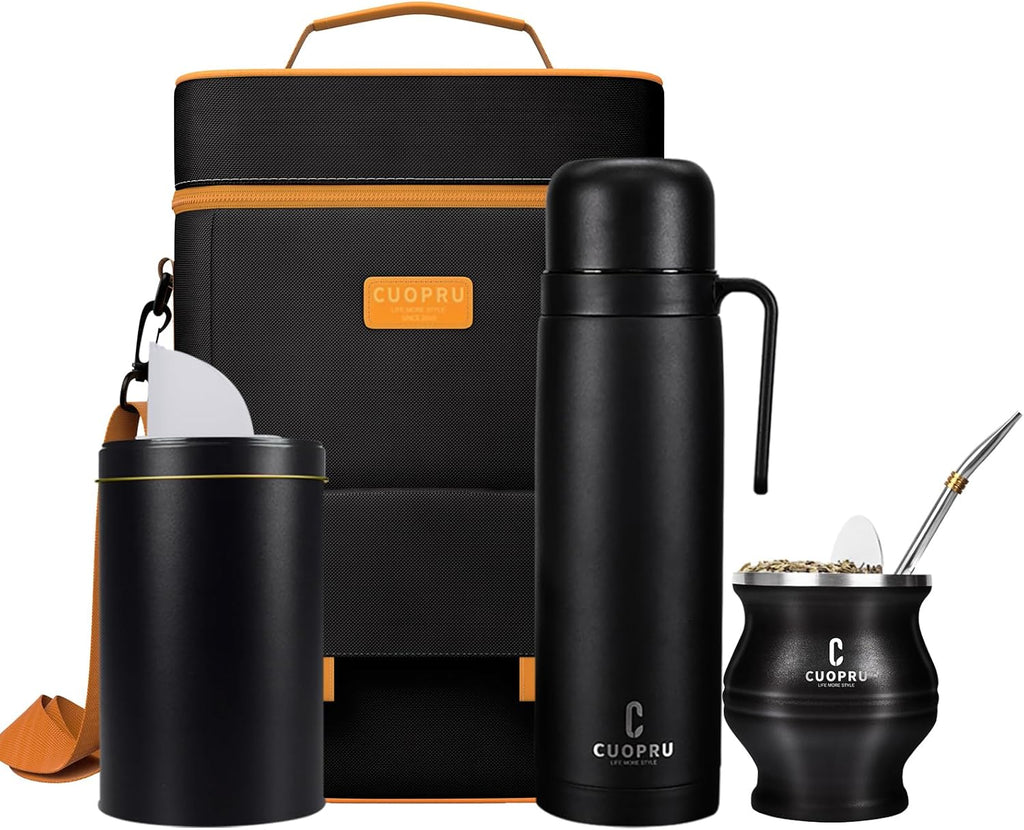 Complete Mate Kit- Modern Mate Gourd, Matero, Yerbero, Thermal Flask, Bombilla and Cleaning Brush Included - Premium Quality 304 18/8 Stainless Steel Yerba Cup Set