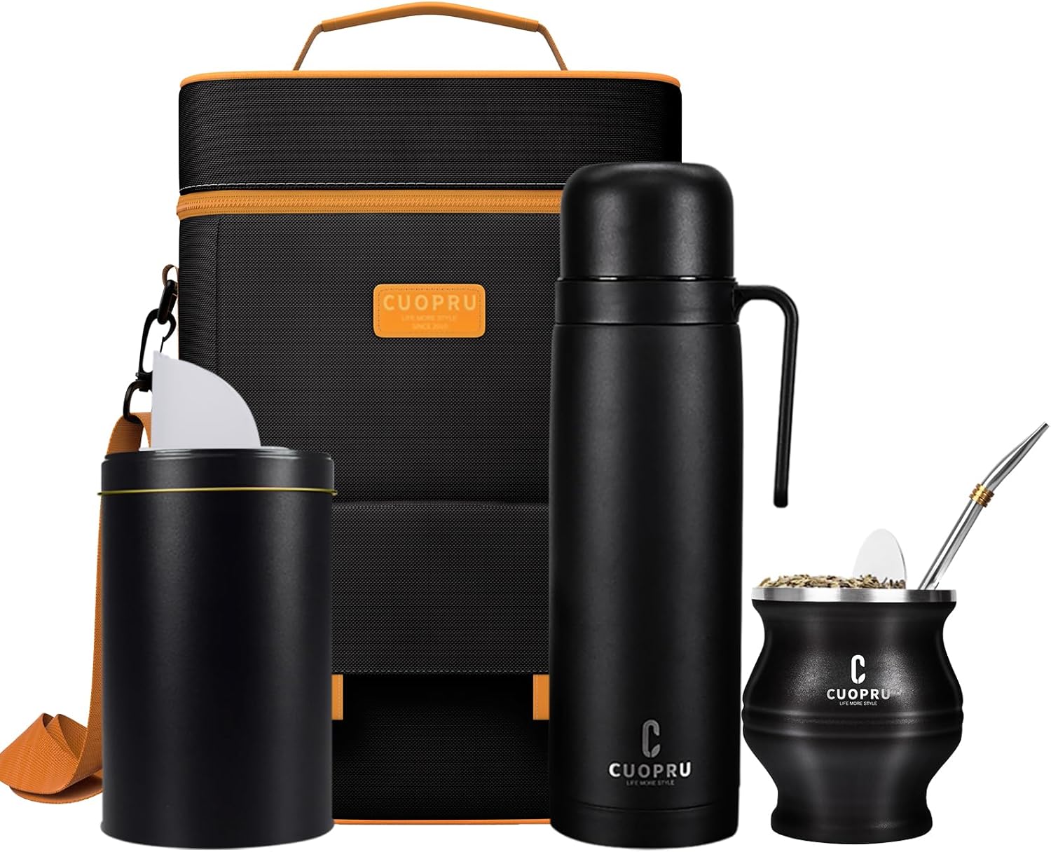 Complete Mate Kit- Modern Mate Gourd, Matero, Yerbero, Thermal Flask, Bombilla and Cleaning Brush Included - Premium Quality 304 18/8 Stainless Steel Yerba Cup Set