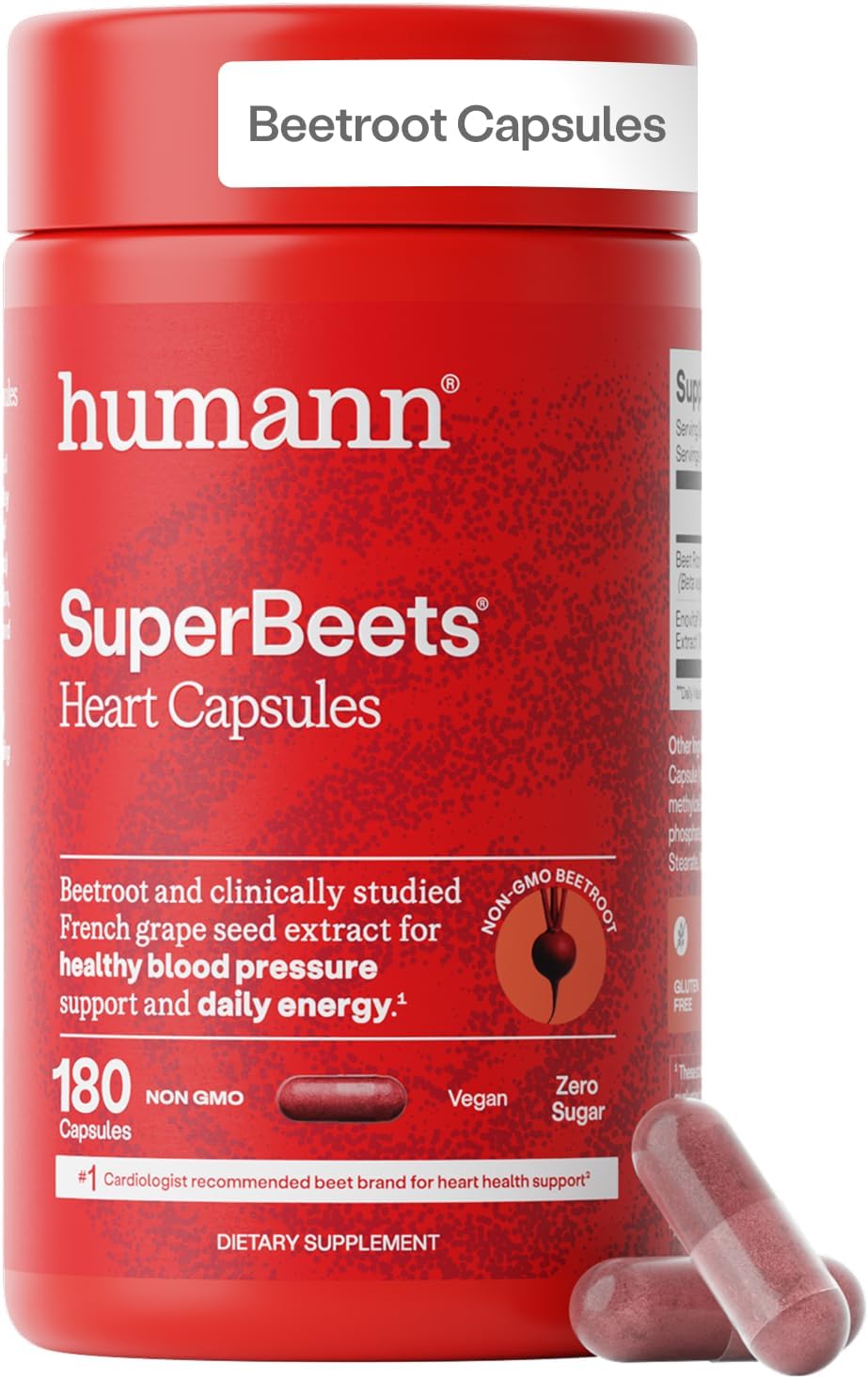 Humann SuperBeets Beet Root Capsules Quick Release 1000mg, Helps Support Nitric Oxide Production, Blood Pressure Support, Heart Health, Contains Non-GMO Beetroot Powder, Studied Antioxidants 180 Count
