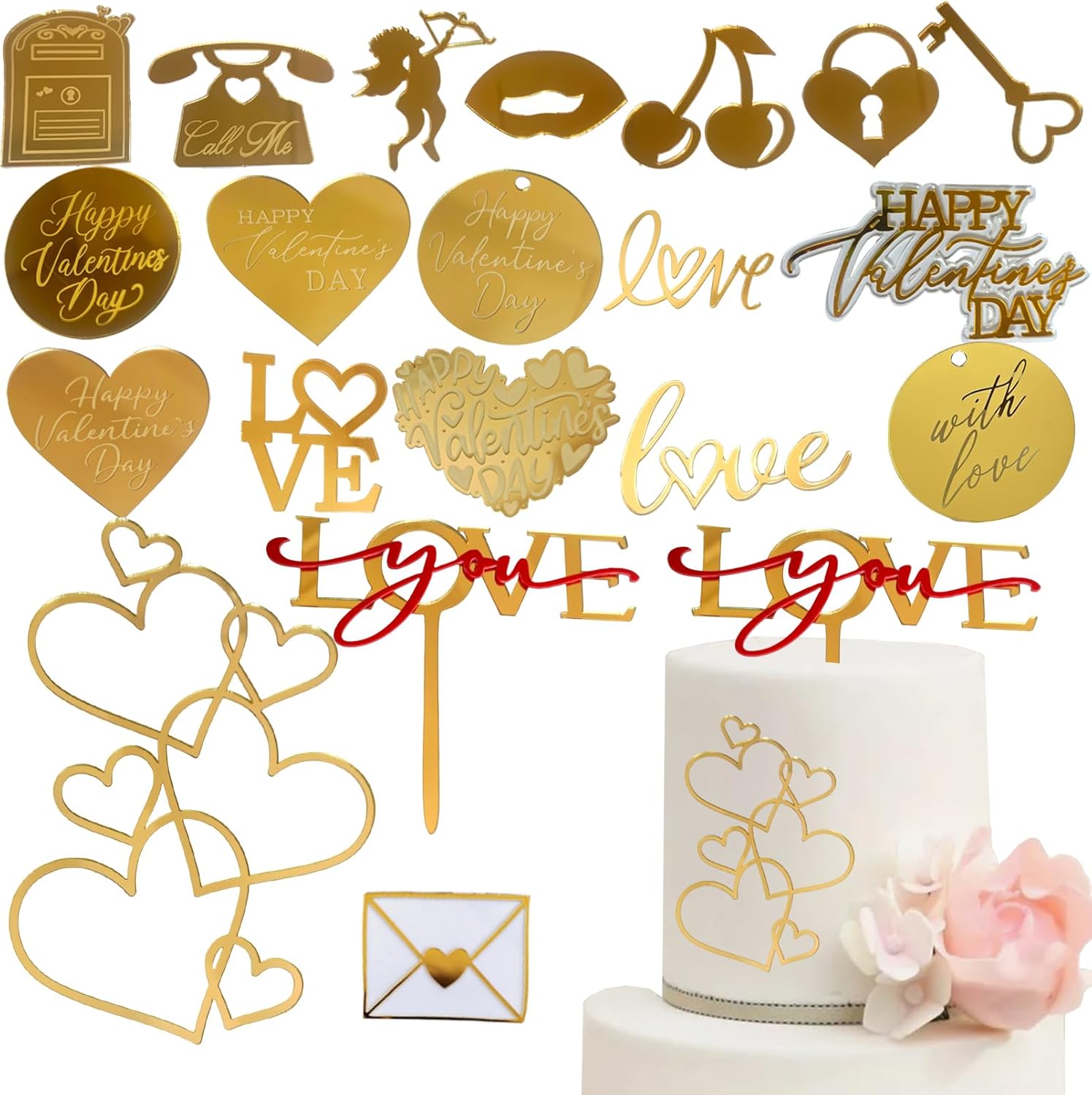 20 PCS Happy Valentine's Day Cake Toppers,Gold Acrylic Love Heart Cupid Cupcake Toppers,Valentine's Day Party Food Decorations,Anniversary Engagement Wedding Cake Decoration Birthday Party Supplies