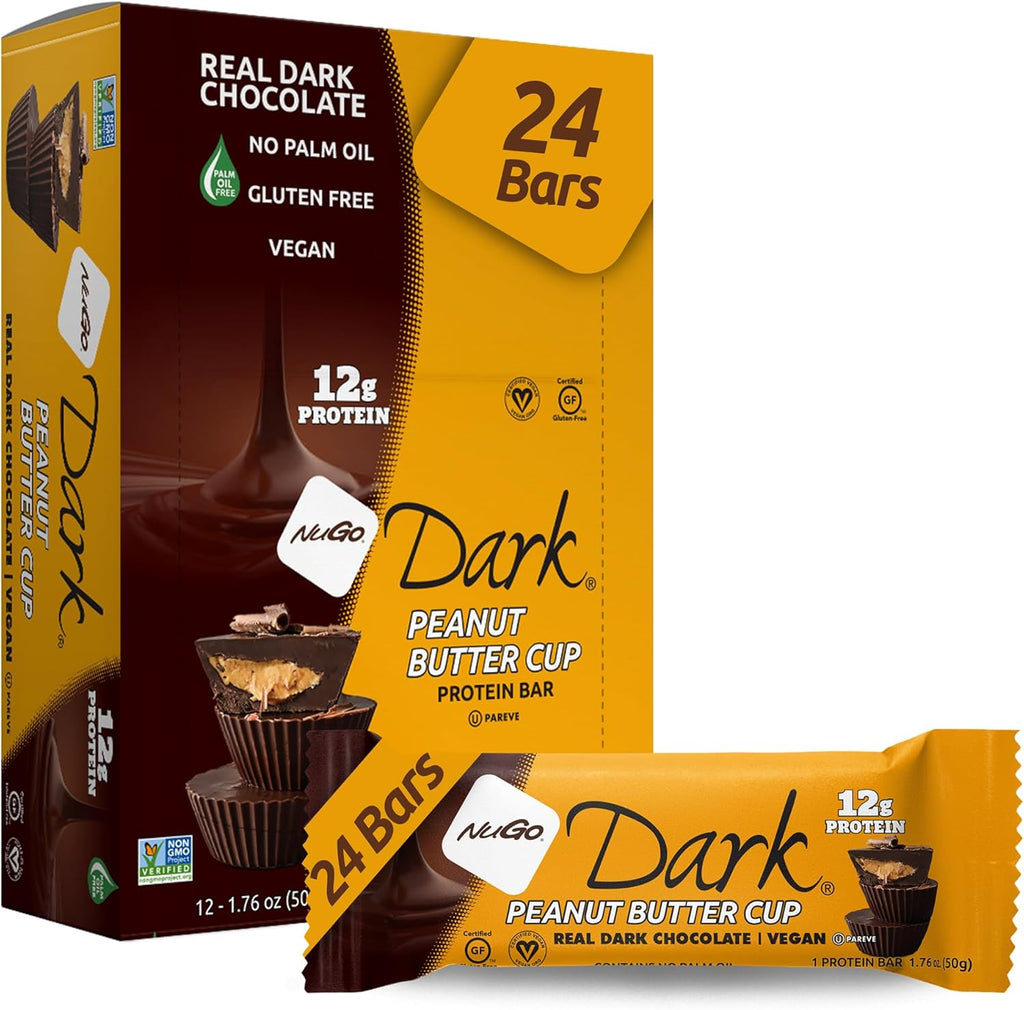 NuGo Dark Chocolate Peanut Butter Cup, 12g Protein Bar, Vegan, Gluten Free, Non-GMO, Kosher Pareve, 24 Count
