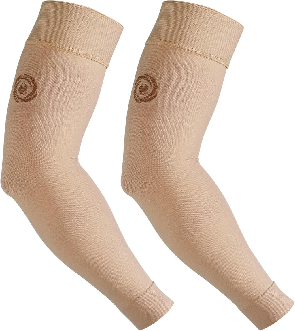 NURCOM® Medical Compression Arm Sleeve for Men Women, 2 Pack, 20-30mmHg with Silicone Band for Lymphedema, Lipedema, Pain Relief, Edema, Swelling, Post Surgery Recovery, Beige S