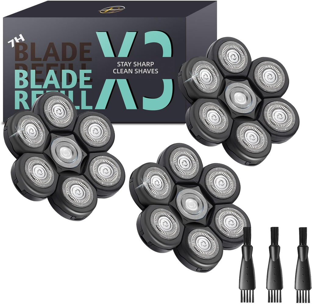 Bald Head Shaver Replacement Blades for Head Shaver, Premium 7 Blades Shaver Replacement Heads for Universal Head Shavers and Freedom Bald Men Grooming, 3 Cleaning Brush, 3 Pack