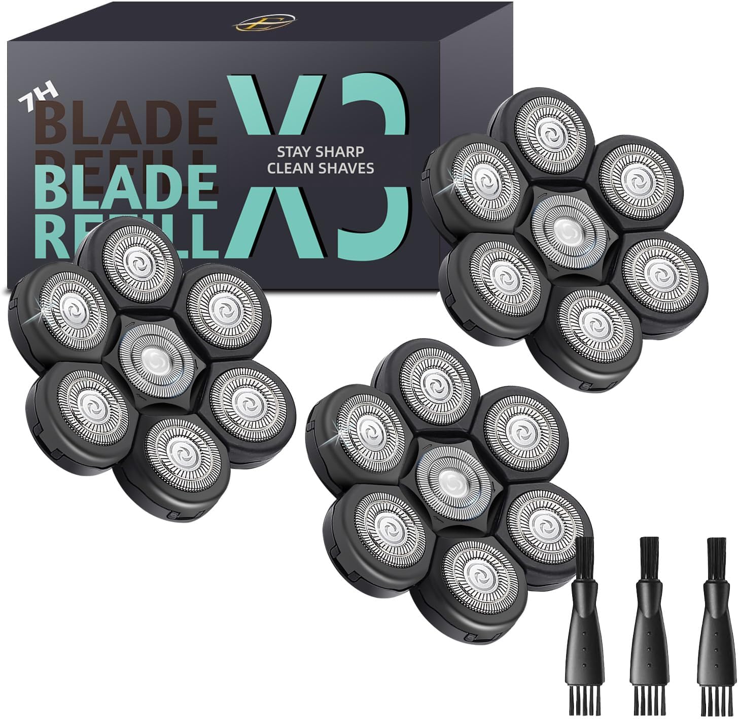 Bald Head Shaver Replacement Blades for Head Shaver, Premium 7 Blades Shaver Replacement Heads for Universal Head Shavers and Freedom Bald Men Grooming, 3 Cleaning Brush, 3 Pack
