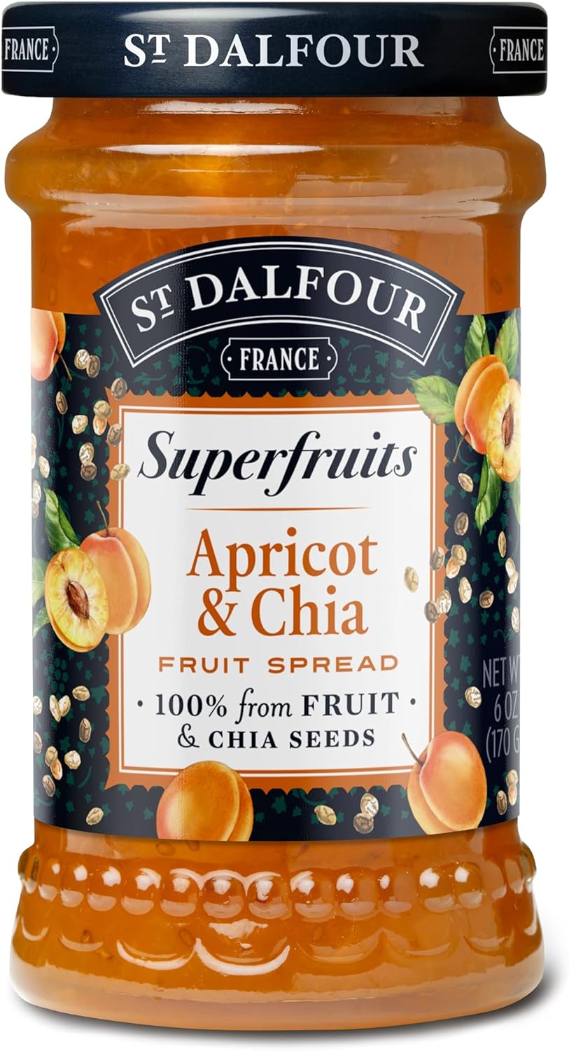 St. Dalfour Superfruits Apricot & Chia Fruit Spread - 6 oz - 100% from Fruit, Gluten-Free, No Artificial Ingredients, Non-GMO, All Natural, Made in France